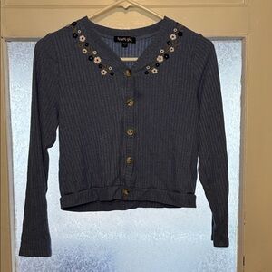 Trixxi Girl Kid’s Blue Cardigan Sweater with Floral Embroidery Embellishments XL